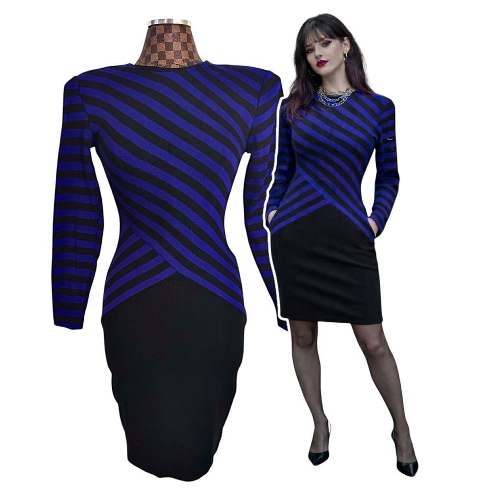 Moda Int'l Purple Black Striped Knit Dress Size Small Vtg 80s Retro Mod New Wave